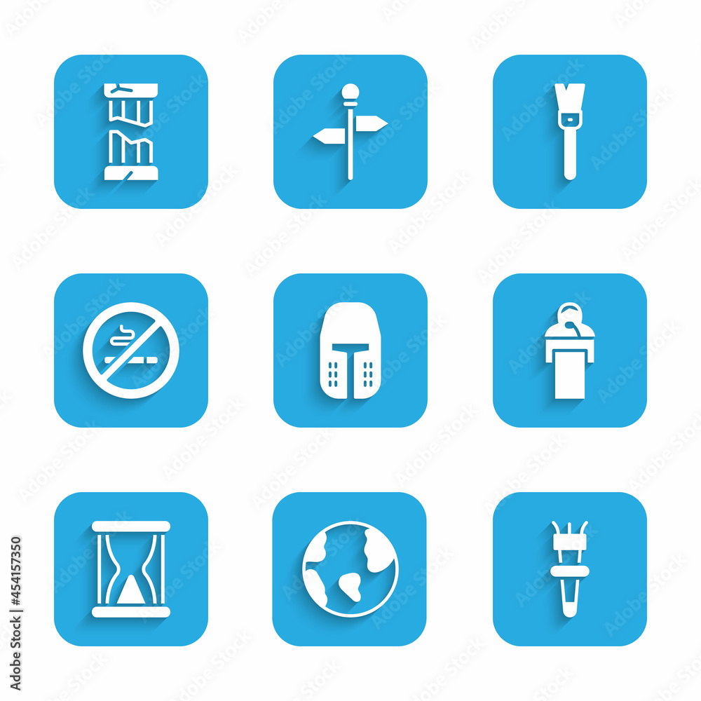 Set Medieval iron helmet, Earth globe, Torch flame, Gives lecture, Old hourglass with sand, No Smoking, Paint brush and Broken ancient column icon. Vector Set Medieval iron helmet, Earth globe, Torch flame, Gives lecture, Old hourglass with sand, No Smoking, Paint brush and Broken ancient column icon. Vector