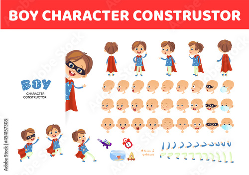Boy character constructor. Cartoon boy creation mascot kit. Character creation set poses and emotions for animation and illustrations