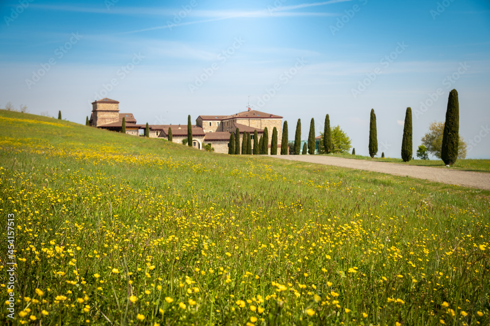 Beautiful view of a country house with flower meadows and driveway with cypresses, blue sky in background. Spring in the countryside with fragrant yellow flowers. Happiness outdoors and nature concept