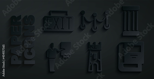 Set Castle tower, Ancient column, Museum guide, History book, Rope barrier and Exit sign icon. Vector
