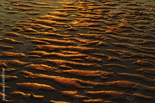 wet sand ripples with golden evening sunlight reflection