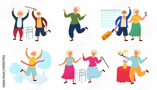 Grandparents, elderly old people in different situations. Pensioners and an active lifestyle. Vector illustration.