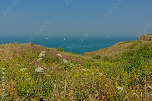 View on the North sea from the green fields on the cliffs of the Opal coast