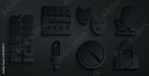 Set Greek shield, Hermes sandal, Medieval sword, Socrates, Comedy tragedy masks and Ancient pattern icon. Vector