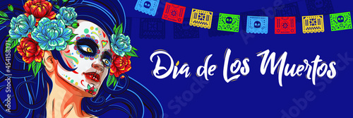 Girl with a sugar skull. Day of the Dead, Home Mexican Halloween, Dia De Los Muertos. Woman with cosmetics sugar skull with rose flowers wreath. Halloween vector banner