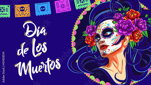 Girl with a sugar skull. Day of the Dead, Home Mexican Halloween, Dia De Los Muertos. Woman with cosmetics sugar skull with rose flowers wreath. Halloween vector banner