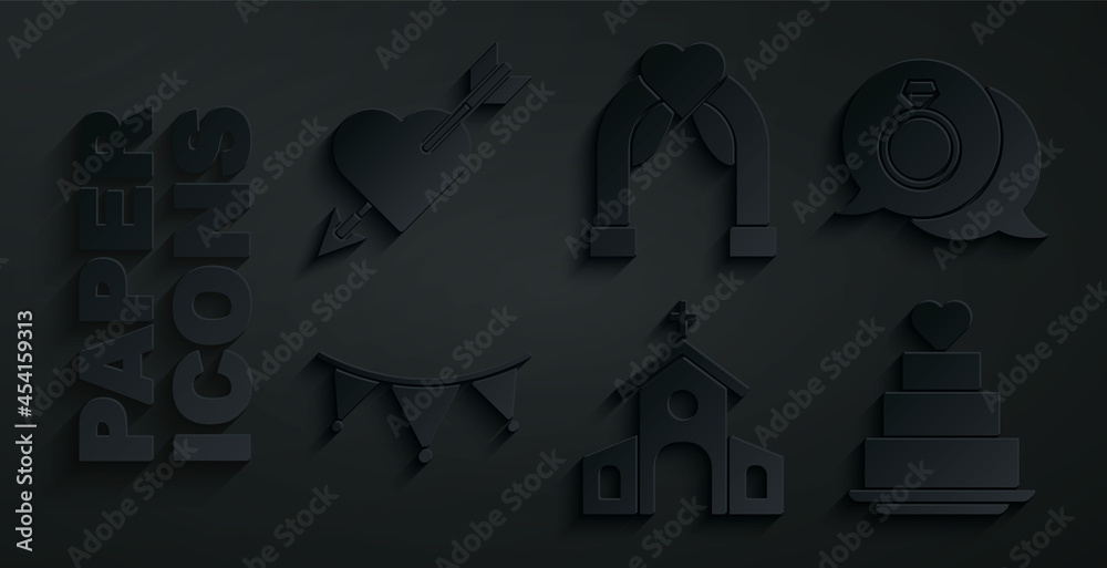 Set Church building, Diamond engagement ring, Carnival garland with flags, Wedding cake heart, arch and Amour arrow icon. Vector