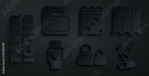 Set Kettlebell, Locker or changing room, Smart watch, Vitamin pill, Calendar fitness and Bathroom scales icon. Vector
