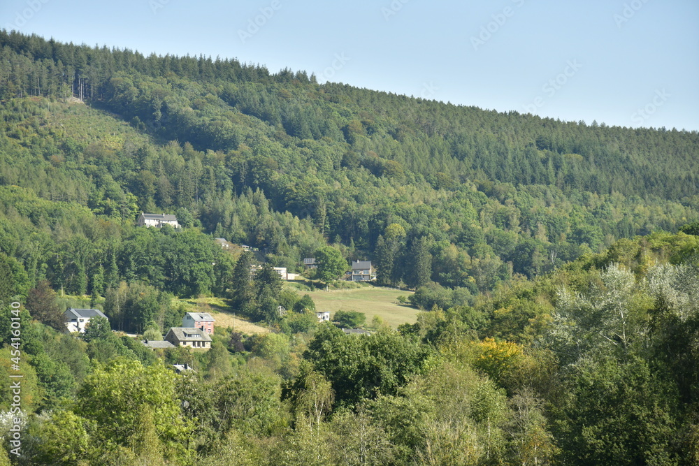 Maisons sur les pentes raides de la montagne à la vallée de l'Emblève à Coo en Haute Belgique 