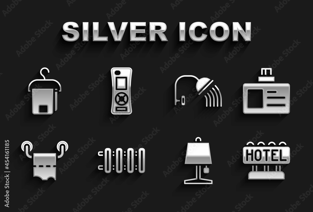 Set Heating radiator, Identification badge, Signboard with text Hotel, Table lamp, Toilet paper roll, Shower head, Towel hanger and Remote control icon. Vector Set Heating radiator, Identification badge, Signboard with text Hotel, Table lamp, Toilet paper roll, Shower head, Towel hanger and Remote control icon. Vector