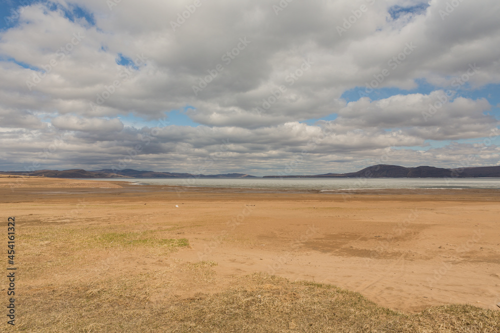 A sandy beach on the bank of the Yenisei River.Russia, Republic of Khakassia