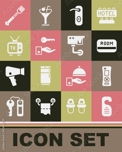 Set Please do not disturb, Remote control, Hotel key card, Door handle, door lock, Retro tv, Fork and Security camera icon. Vector