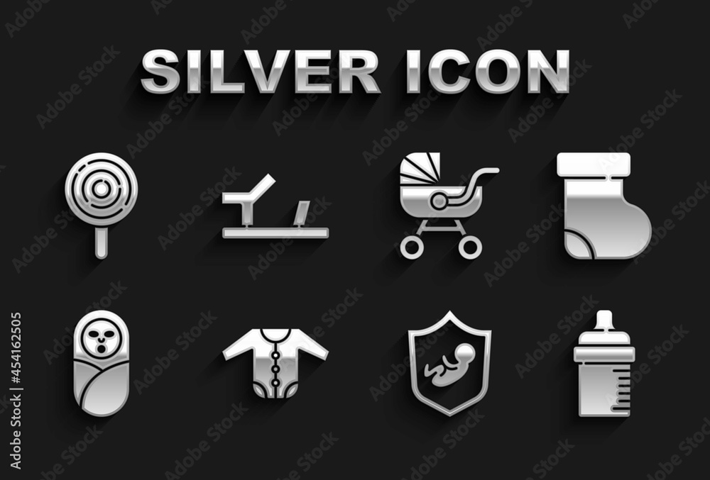 Set Baby clothes, socks, bottle, on shield, Newborn baby infant swaddled, stroller, Lollipop and shoes icon. Vector Set Baby clothes, socks, bottle, on shield, Newborn baby infant swaddled, stroller, Lollipop and shoes icon. Vector