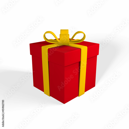 3D realistic red gift box with yellow ribbon and bow. Paper box on white background with shadow. Vector illustration