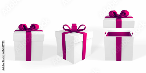 3D render realistic gift box with purple bow. Paper box with ribbon and shadow isolated on white background. Vector illustration