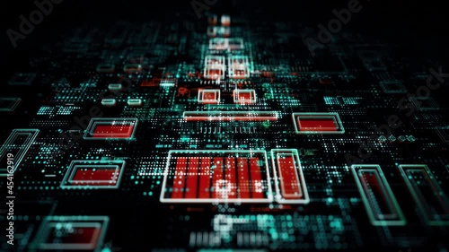 Printed circuit board futuristic server/Colored background with digital integrated network technology. Red, blue, orange technology background with bokeh. Neon. 3d rendering