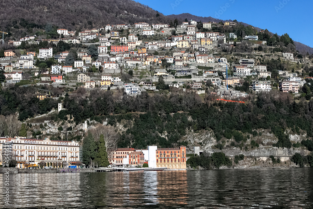 Como, Italy. January 5, 2015. Architecture of the city of Como over the Lake Como, Lombardy. Seen from Lake Como. Editorial