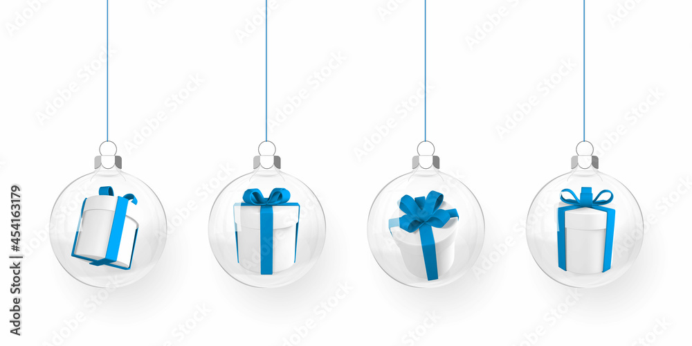 Christmas ball with gift box inside. Xmas transparent glass ball. Holiday decoration template. Vector illustration Christmas ball with gift box inside. Xmas transparent glass ball. Holiday decoration template. Vector illustration