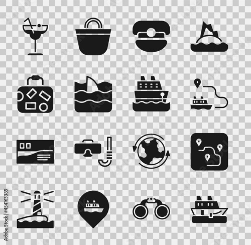 Set Cruise ship, Route location, Ship line path, Captain hat, Shark fin ocean wave, Suitcase, Cocktail and icon. Vector