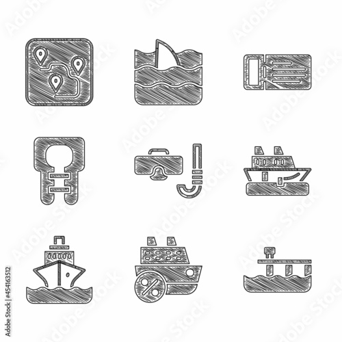 Set Diving mask and snorkel, Cruise ship, Beach pier dock, Life jacket, ticket and Route location icon. Vector