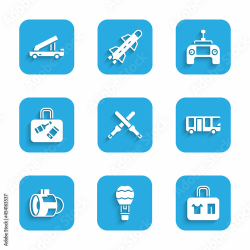 Set Marshalling wands, Hot air balloon, Suitcase, Airport bus, Jet engine turbine, Drone remote control and Passenger ladder icon. Vector