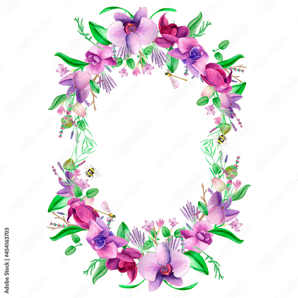 Watercolor gold frame. An orchid wreath of hand-painted lavender leaves and orchid flowers .Lavender purple wedding design.Cute insects on the leaves.Butterfly, dragonfly, bee.Suitable for the design.