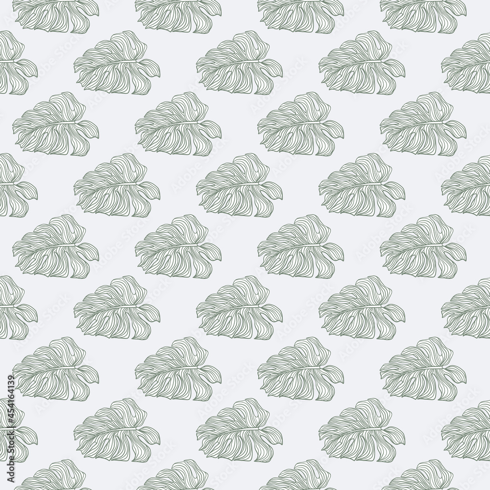 Nature floral seamless pattern with monstera leaves ornament. Grey pastel background.