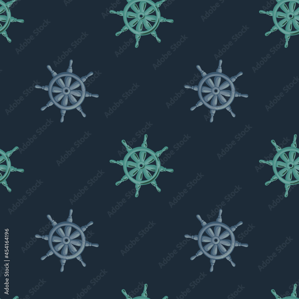 Decorative seamless pattern with lilac and blue ship rudder print. Dark background. Antique silhouettes.