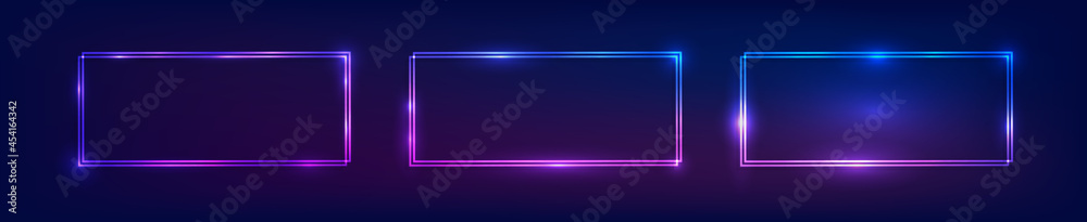 Set of neon double frames with shining effects Set of neon double frames with shining effects