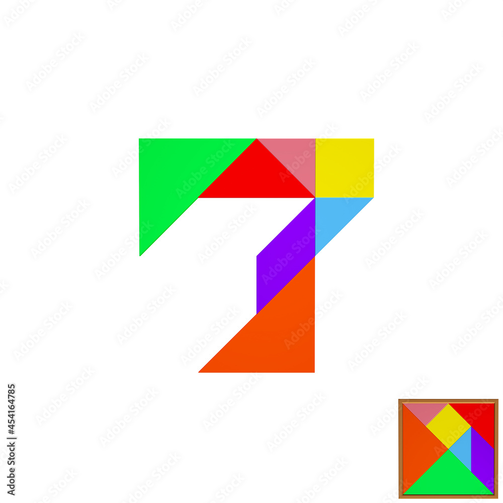 Colorful tangram puzzle with number 7 on white background，3D Rendering