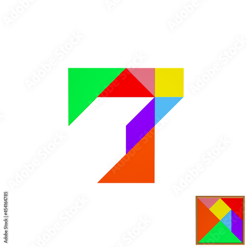 Colorful tangram puzzle with number 7 on white background，3D Rendering