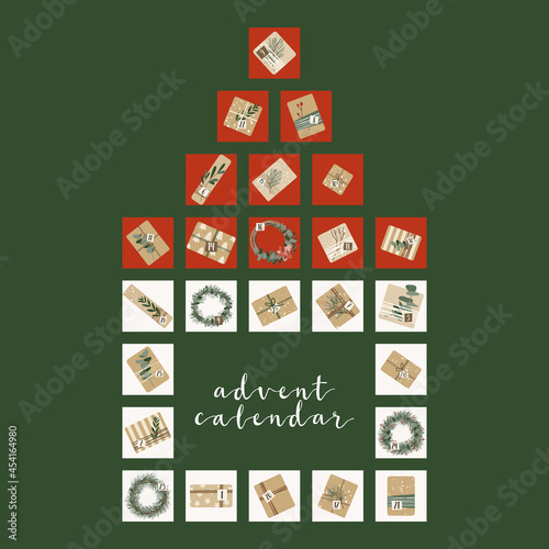 Advent calendar. Christmas presents in kraft paper and wreaths, with numbers 1 to 25. Rustic gift box. Eco decoration. Xmas and New 2022 Year celebration preparation. Vector flat cartoon illustration