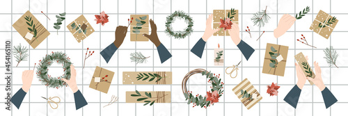 Making christmas gift and wreaths. Eco decoration, eucalyptus, spruce, berry. Presents in kraft paper. Rustic gift box. Xmas and New Year 2022 celebration preparation. Vector flat cartoon illustration