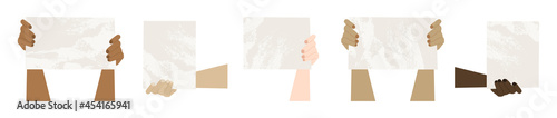 Activists with blank placards for demonstration, protest. Protesters with posters. Hands holding banners. Social issue. Vector flat cartoon illustration