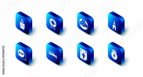 Set Memorial wreath, Church building, Funeral urn, Calendar death, Hearse car, Speech bubble rip and Burning candle icon. Vector