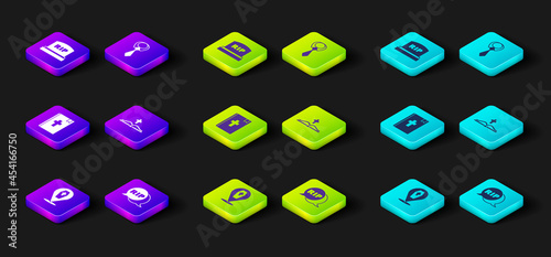 Set Coffin with cross, Speech bubble rip death, Holy bible book, Tie and Tombstone RIP written icon. Vector