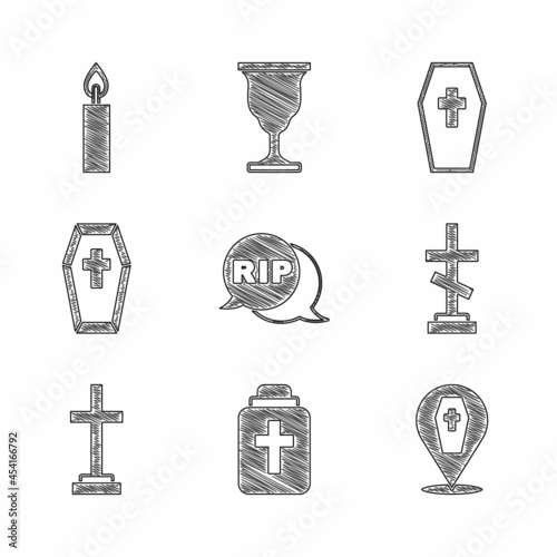 Set Speech bubble rip death, Funeral urn, Coffin with cross, Grave, and Burning candle icon. Vector