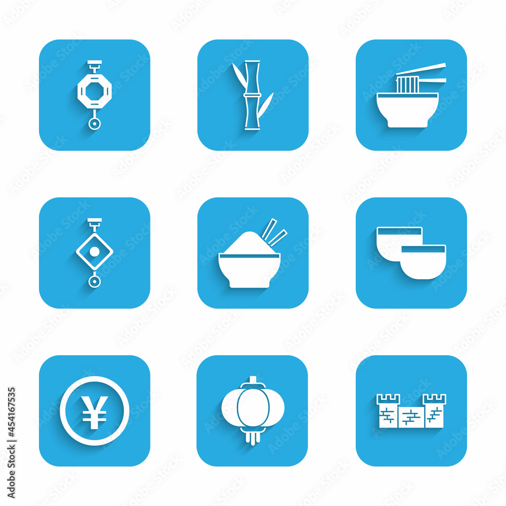 Set Rice in bowl with chopstick, Chinese paper lantern, Great wall of China, tea ceremony, Yuan currency, Asian noodles and icon. Vector Set Rice in bowl with chopstick, Chinese paper lantern, Great wall of China, tea ceremony, Yuan currency, Asian noodles and icon. Vector
