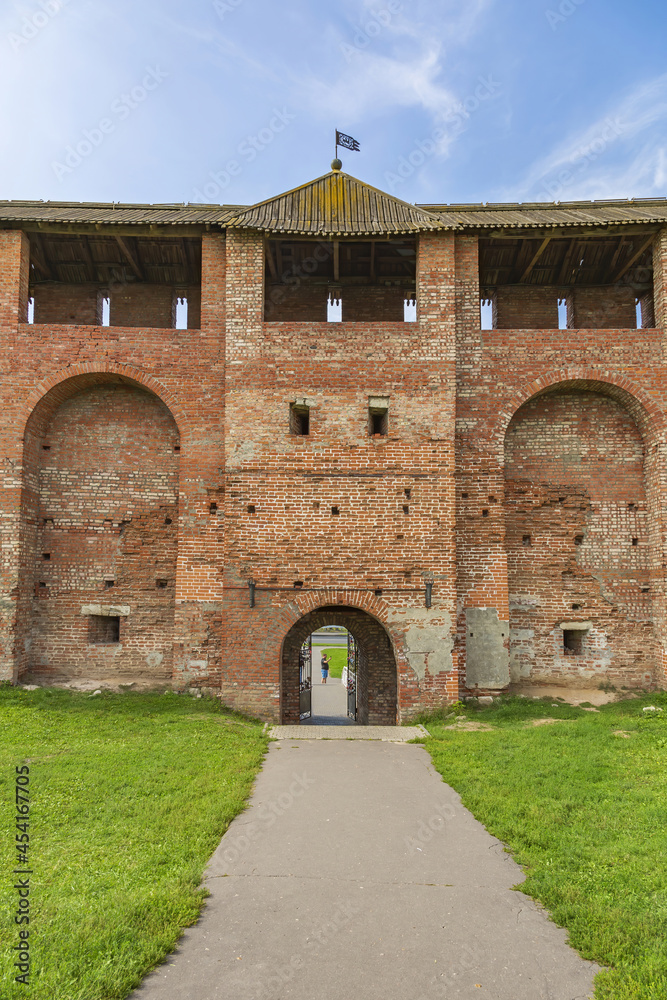 Part of the surviving brick wall of the ancient Kremlin in the old city. Built in the 16th century. Kolomna, Russia