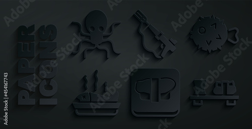 Set Sushi on cutting board, Fish hedgehog, Served fish plate, Fishing harpoon and Octopus icon. Vector