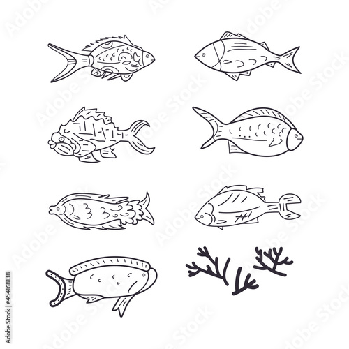 fishes cartoon outline vector illustration set