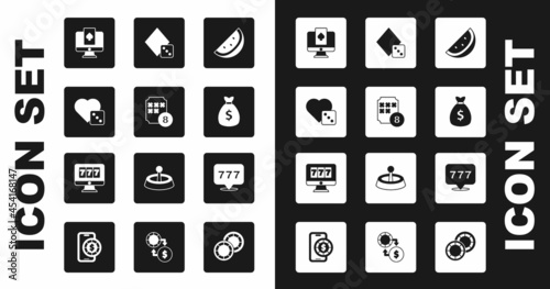 Set Casino slot machine with watermelon, Lottery ball bingo card, Game dice, Online poker table game, Money bag, Slot jackpot and icon. Vector