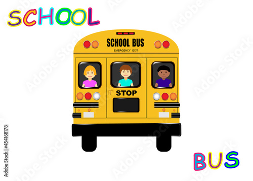 View of the entire rear of the school bus with children. Isolated on the white background.