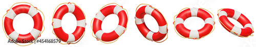 Set of rescue lifebuoy, life belt 3D illustrations. 6 different perspectives of lifeboat, buoy. Realistic 3D illustration collection. Set of lifeline icons isolated. 3D illustration.