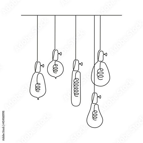 One continuous line drawing of Loft lightbulbs. Vector illustration of Hanging modern pendant Electic lamps with Edison bulbs in linear style