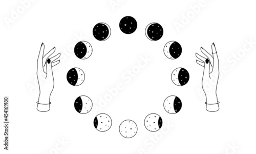Moon phases over woman hands outline. Bohemian celestial circular symbol. Spiritual occultism object in simple linear style. Vector illustration
