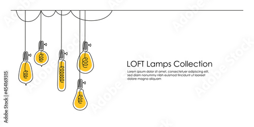 One continuous line drawing of shining lightbulbs. Hanging modern pendant Electric Loft lamps with bulbs in doodle style. Vector illustration
