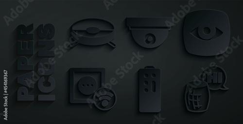 Set Remote control, Security camera, Smart electrical outlet, Voice assistant, Motion sensor and Robot vacuum cleaner icon. Vector