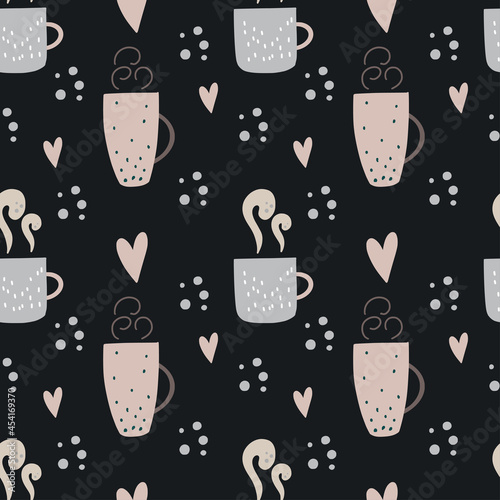 Hygge style seamless pattern with pretty cups of tea and coffee. Cozy vector illustration