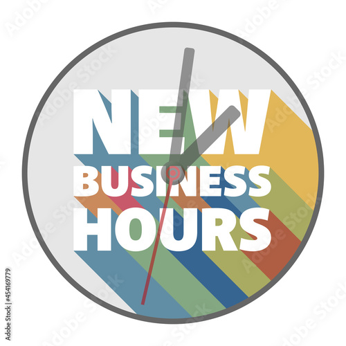 round sticker with text NEW BUSINESS HOURS with colorful drop shadows, vector illustration